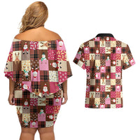 Christmas Patchwork Fake Tuxedo Couples Matching Off Shoulder Short Dress and Hawaiian Shirt Santa and Reindeer Pink Plaid Style - Wonder Print Shop