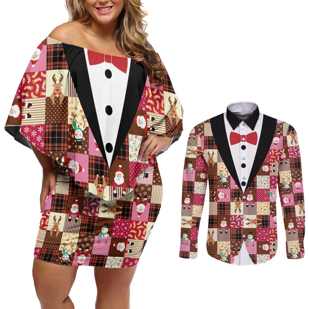 Christmas Patchwork Fake Tuxedo Couples Matching Off Shoulder Short Dress and Long Sleeve Button Shirt Santa and Reindeer Pink Plaid Style - Wonder Print Shop