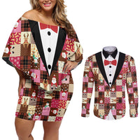 Christmas Patchwork Fake Tuxedo Couples Matching Off Shoulder Short Dress and Long Sleeve Button Shirt Santa and Reindeer Pink Plaid Style - Wonder Print Shop