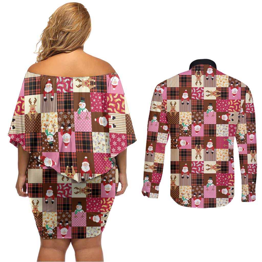 Christmas Patchwork Fake Tuxedo Couples Matching Off Shoulder Short Dress and Long Sleeve Button Shirt Santa and Reindeer Pink Plaid Style - Wonder Print Shop