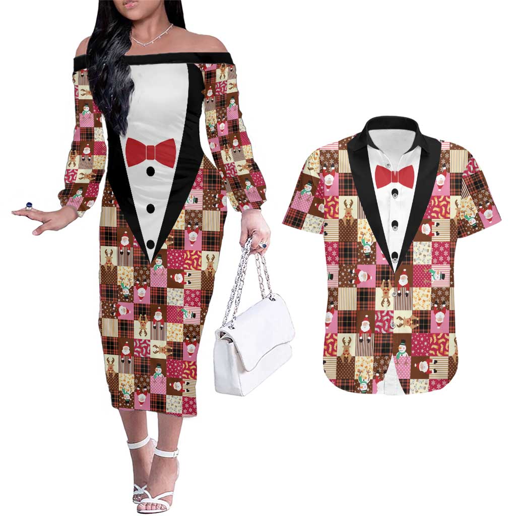 Christmas Patchwork Fake Tuxedo Couples Matching Off The Shoulder Long Sleeve Dress and Hawaiian Shirt Santa and Reindeer Pink Plaid Style - Wonder Print Shop