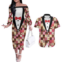 Christmas Patchwork Fake Tuxedo Couples Matching Off The Shoulder Long Sleeve Dress and Hawaiian Shirt Santa and Reindeer Pink Plaid Style - Wonder Print Shop