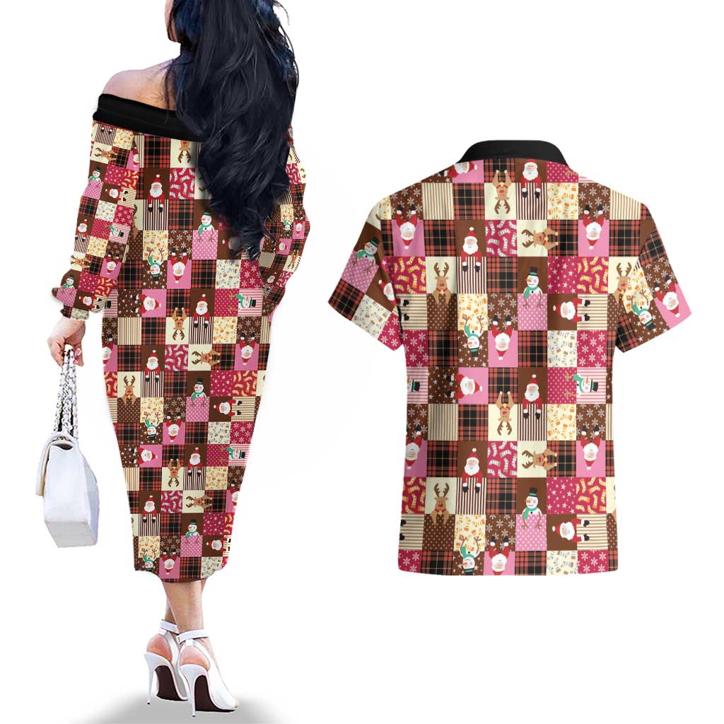 Christmas Patchwork Fake Tuxedo Couples Matching Off The Shoulder Long Sleeve Dress and Hawaiian Shirt Santa and Reindeer Pink Plaid Style - Wonder Print Shop