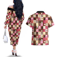 Christmas Patchwork Fake Tuxedo Couples Matching Off The Shoulder Long Sleeve Dress and Hawaiian Shirt Santa and Reindeer Pink Plaid Style - Wonder Print Shop