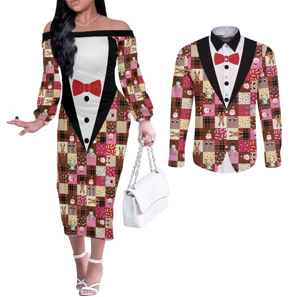 Christmas Patchwork Fake Tuxedo Couples Matching Off The Shoulder Long Sleeve Dress and Long Sleeve Button Shirt Santa and Reindeer Pink Plaid Style - Wonder Print Shop