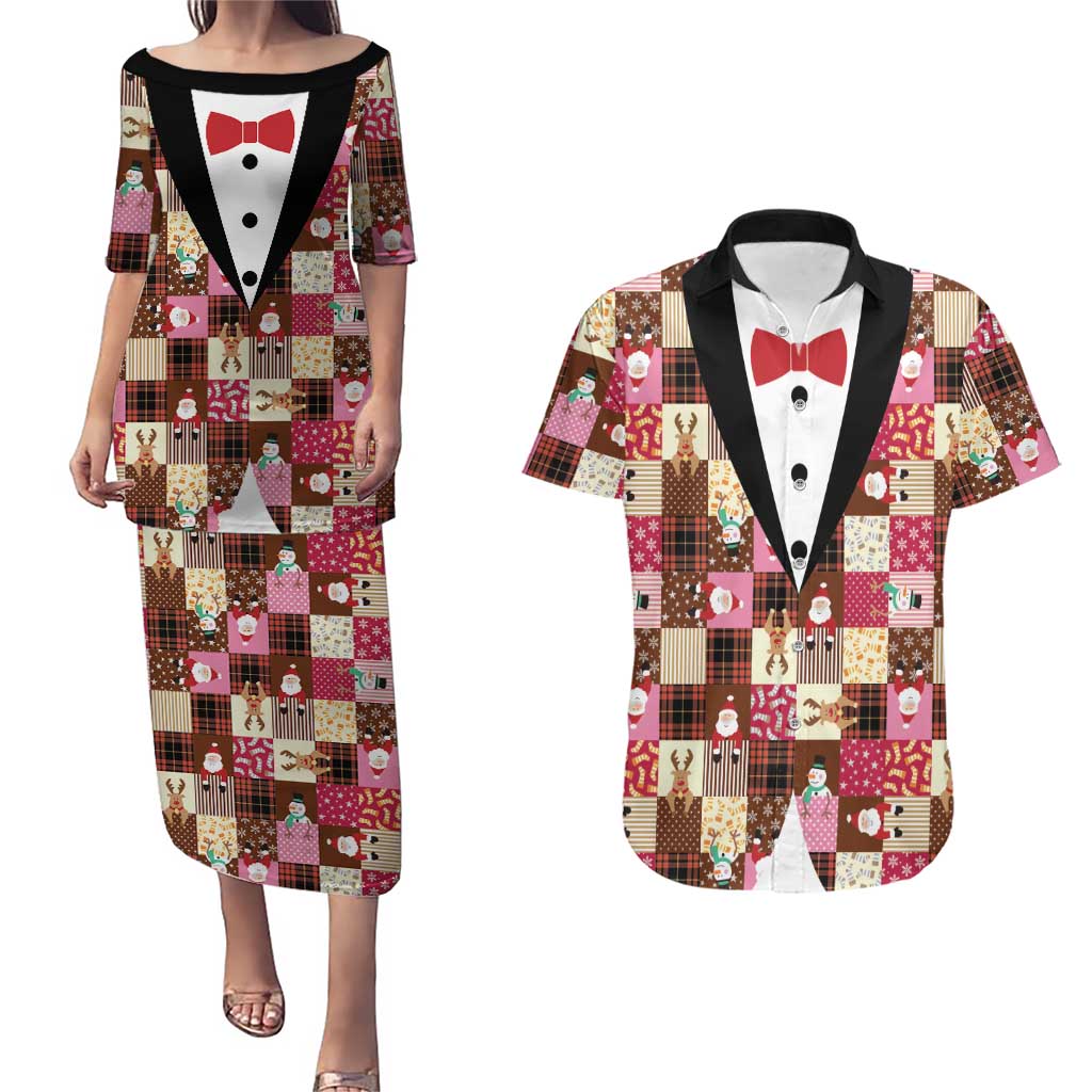 Christmas Patchwork Fake Tuxedo Couples Matching Puletasi and Hawaiian Shirt Santa and Reindeer Pink Plaid Style - Wonder Print Shop