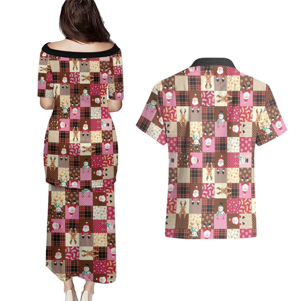 Christmas Patchwork Fake Tuxedo Couples Matching Puletasi and Hawaiian Shirt Santa and Reindeer Pink Plaid Style - Wonder Print Shop
