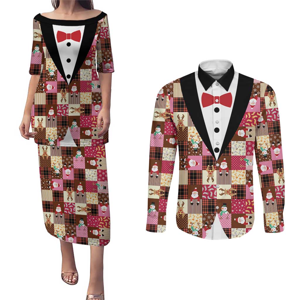 Christmas Patchwork Fake Tuxedo Couples Matching Puletasi and Long Sleeve Button Shirt Santa and Reindeer Pink Plaid Style - Wonder Print Shop