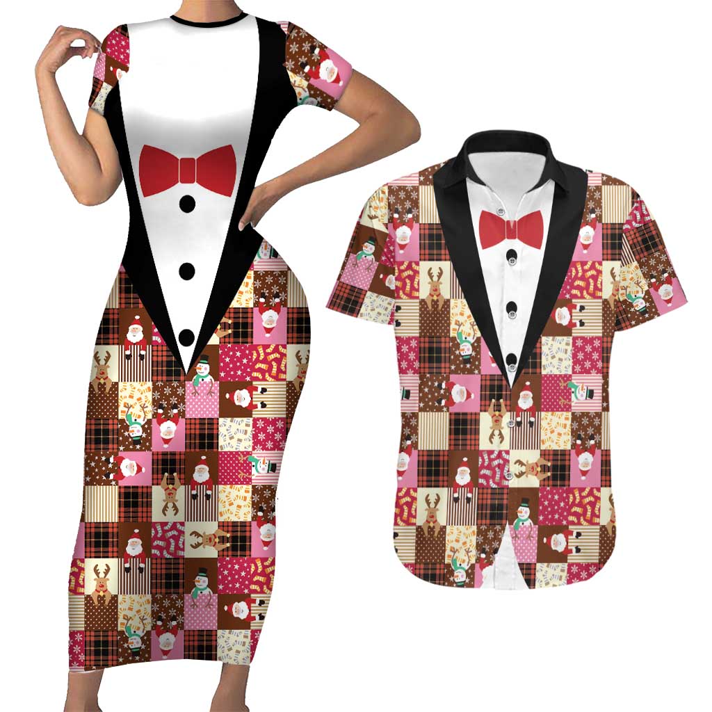 Christmas Patchwork Fake Tuxedo Couples Matching Short Sleeve Bodycon Dress and Hawaiian Shirt Santa and Reindeer Pink Plaid Style - Wonder Print Shop