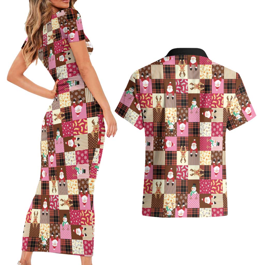 Christmas Patchwork Fake Tuxedo Couples Matching Short Sleeve Bodycon Dress and Hawaiian Shirt Santa and Reindeer Pink Plaid Style - Wonder Print Shop