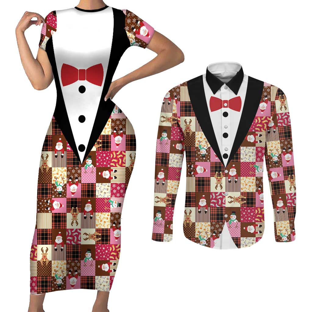 Christmas Patchwork Fake Tuxedo Couples Matching Short Sleeve Bodycon Dress and Long Sleeve Button Shirt Santa and Reindeer Pink Plaid Style - Wonder Print Shop