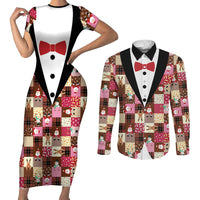 Christmas Patchwork Fake Tuxedo Couples Matching Short Sleeve Bodycon Dress and Long Sleeve Button Shirt Santa and Reindeer Pink Plaid Style - Wonder Print Shop