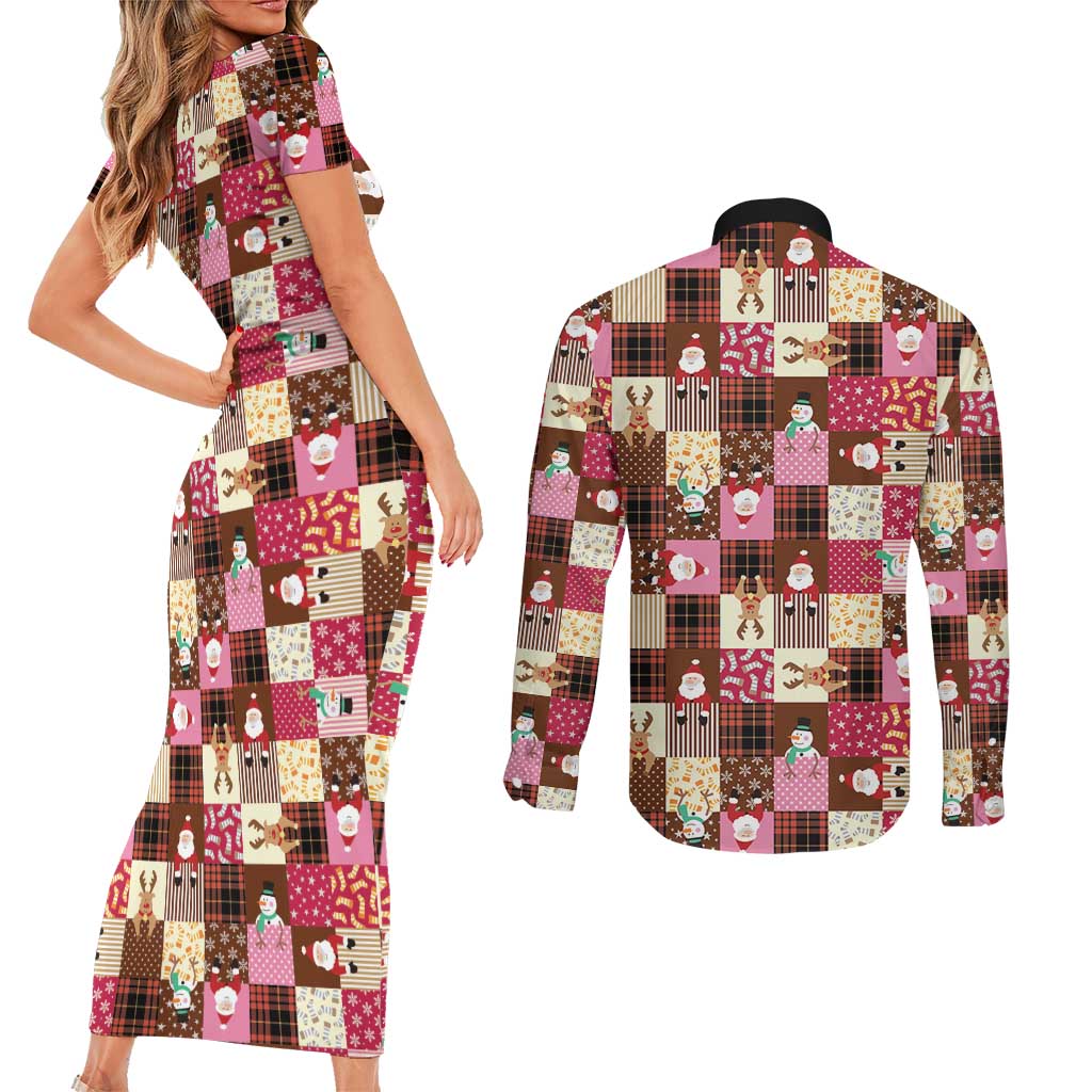 Christmas Patchwork Fake Tuxedo Couples Matching Short Sleeve Bodycon Dress and Long Sleeve Button Shirt Santa and Reindeer Pink Plaid Style - Wonder Print Shop