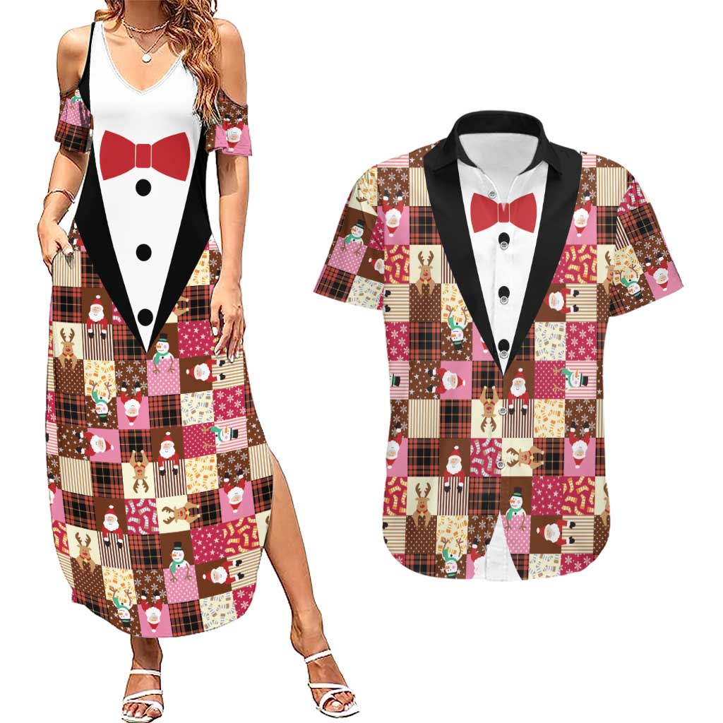 Christmas Patchwork Fake Tuxedo Couples Matching Summer Maxi Dress and Hawaiian Shirt Santa and Reindeer Pink Plaid Style - Wonder Print Shop