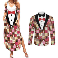 Christmas Patchwork Fake Tuxedo Couples Matching Summer Maxi Dress and Long Sleeve Button Shirt Santa and Reindeer Pink Plaid Style - Wonder Print Shop