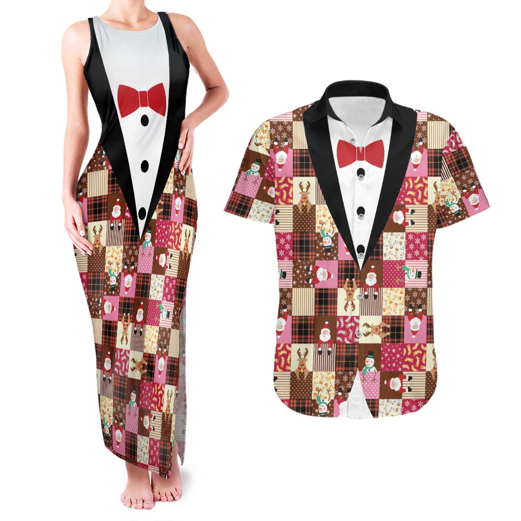 Christmas Patchwork Fake Tuxedo Couples Matching Tank Maxi Dress and Hawaiian Shirt Santa and Reindeer Pink Plaid Style - Wonder Print Shop