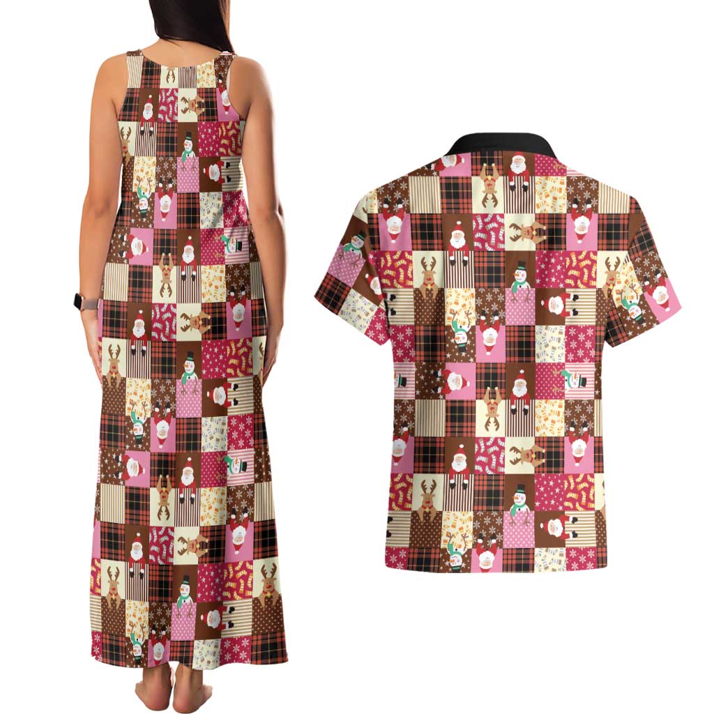 Christmas Patchwork Fake Tuxedo Couples Matching Tank Maxi Dress and Hawaiian Shirt Santa and Reindeer Pink Plaid Style - Wonder Print Shop