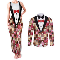 Christmas Patchwork Fake Tuxedo Couples Matching Tank Maxi Dress and Long Sleeve Button Shirt Santa and Reindeer Pink Plaid Style - Wonder Print Shop