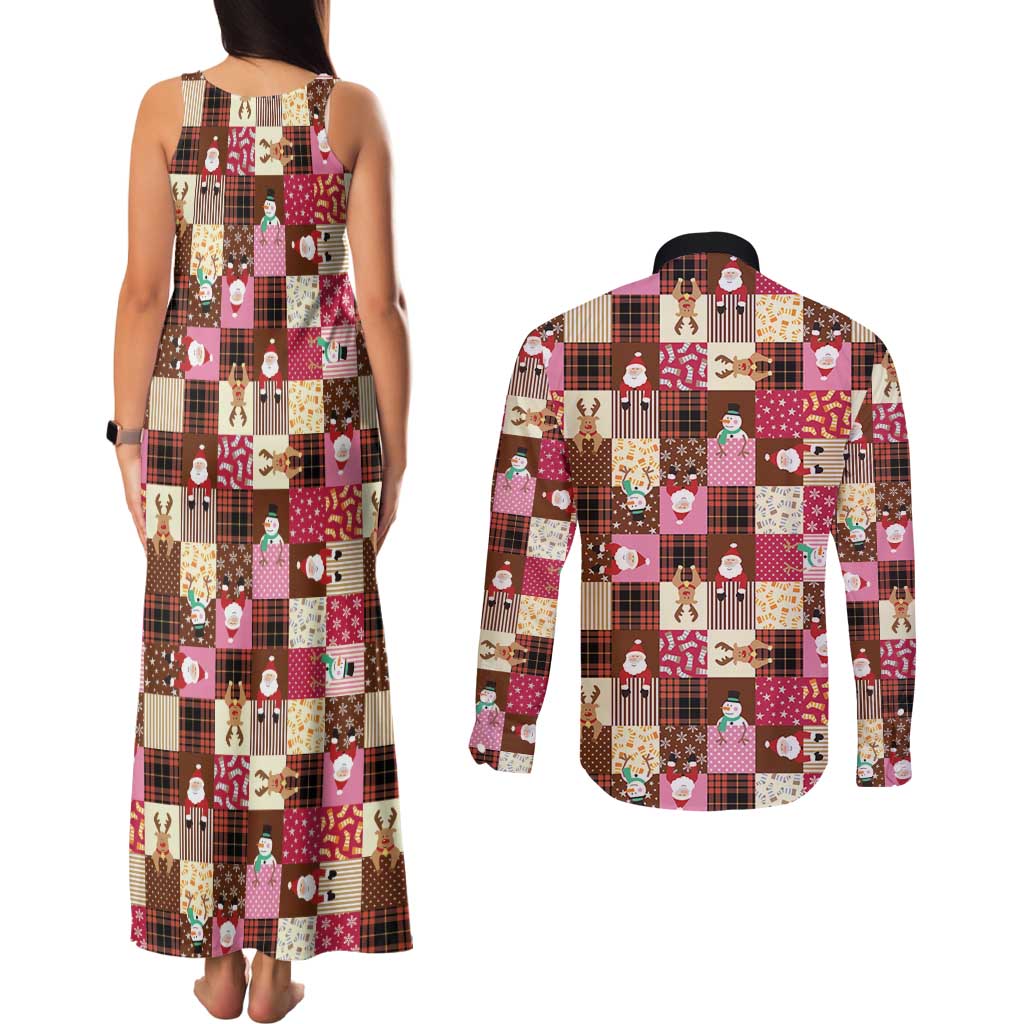 Christmas Patchwork Fake Tuxedo Couples Matching Tank Maxi Dress and Long Sleeve Button Shirt Santa and Reindeer Pink Plaid Style - Wonder Print Shop