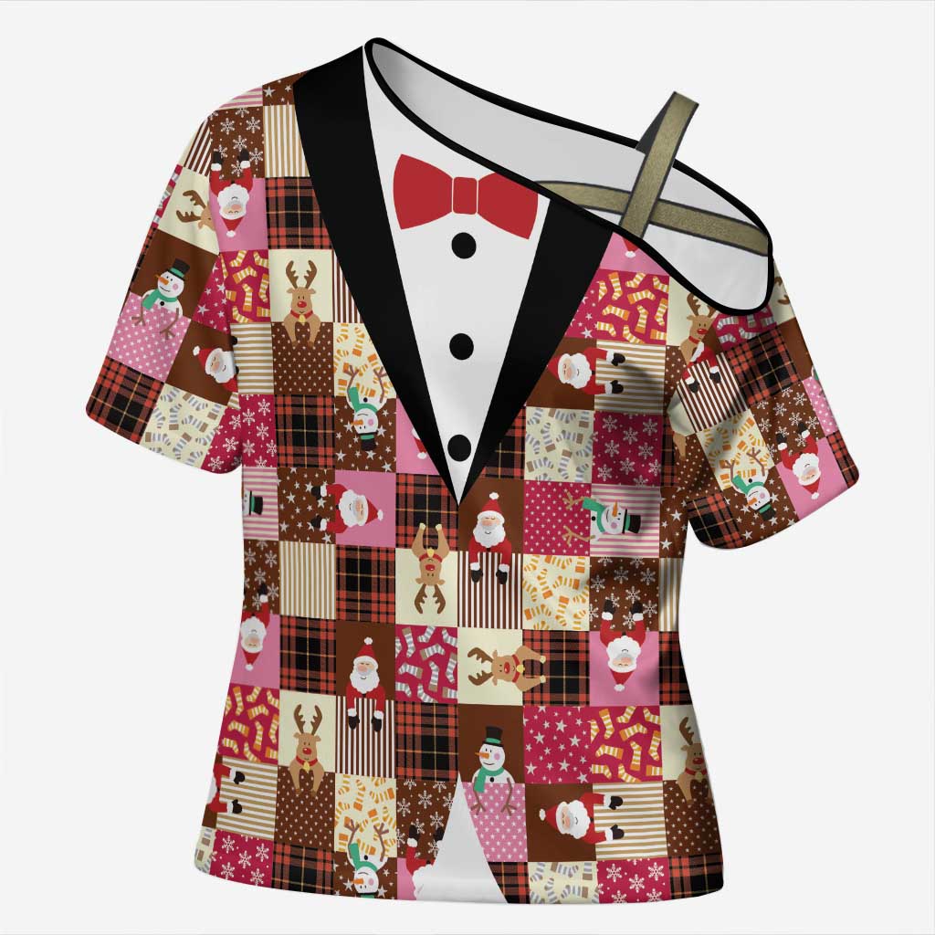 Christmas Patchwork Fake Tuxedo Cross Shoulder Shirt Santa and Reindeer Pink Plaid Style - Wonder Print Shop