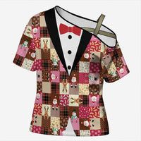 Christmas Patchwork Fake Tuxedo Cross Shoulder Shirt Santa and Reindeer Pink Plaid Style - Wonder Print Shop