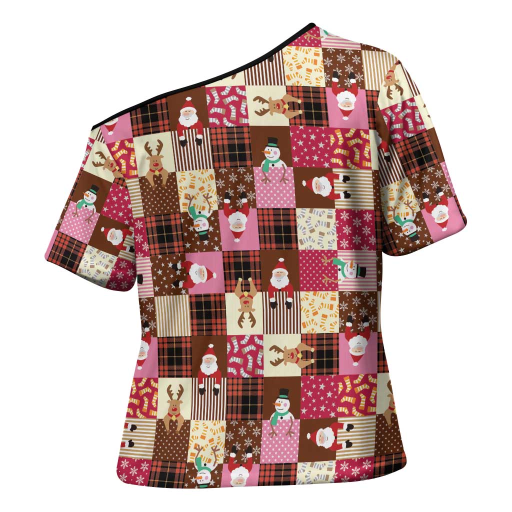 Christmas Patchwork Fake Tuxedo Cross Shoulder Shirt Santa and Reindeer Pink Plaid Style - Wonder Print Shop