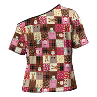 Christmas Patchwork Fake Tuxedo Cross Shoulder Shirt Santa and Reindeer Pink Plaid Style - Wonder Print Shop
