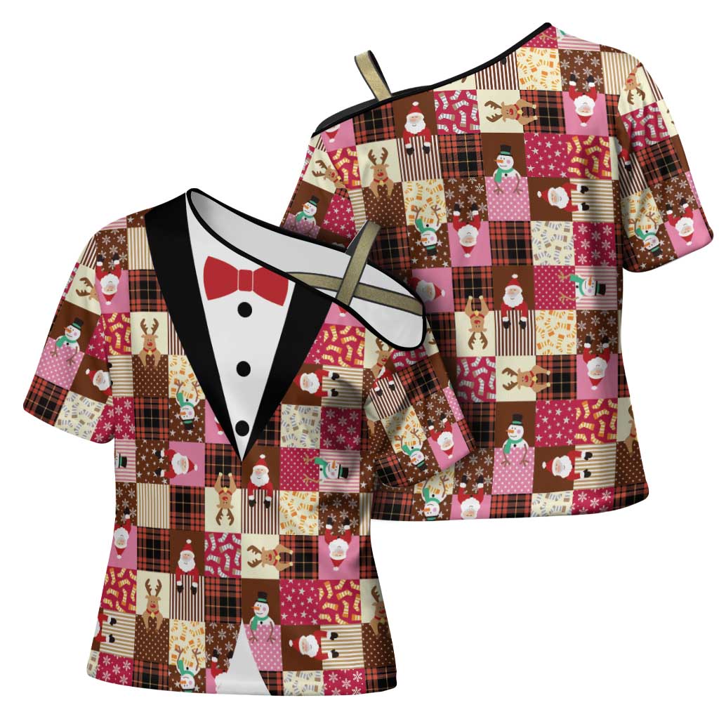 Christmas Patchwork Fake Tuxedo Cross Shoulder Shirt Santa and Reindeer Pink Plaid Style - Wonder Print Shop