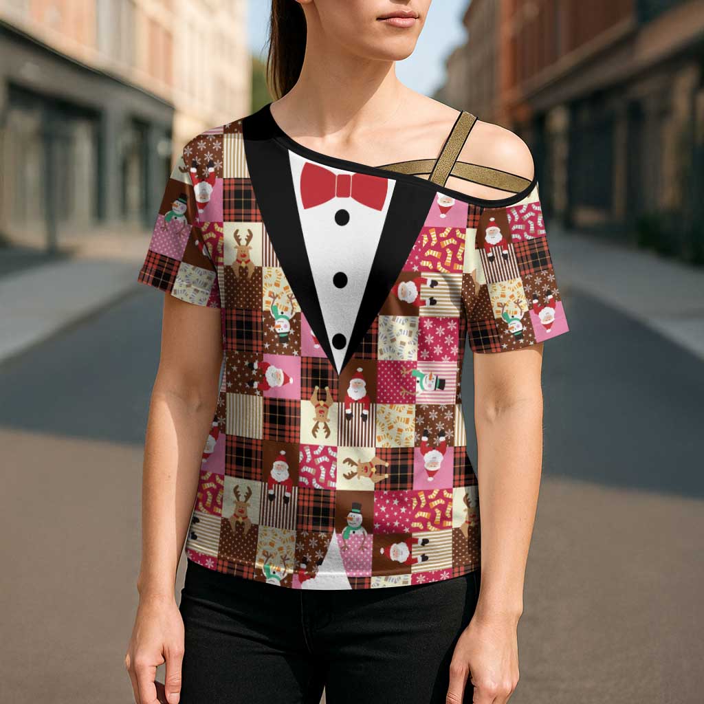 Christmas Patchwork Fake Tuxedo Cross Shoulder Shirt Santa and Reindeer Pink Plaid Style - Wonder Print Shop