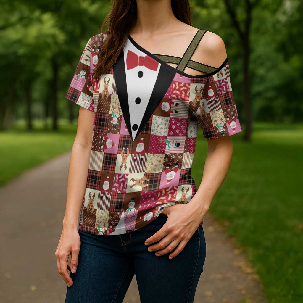 Christmas Patchwork Fake Tuxedo Cross Shoulder Shirt Santa and Reindeer Pink Plaid Style - Wonder Print Shop
