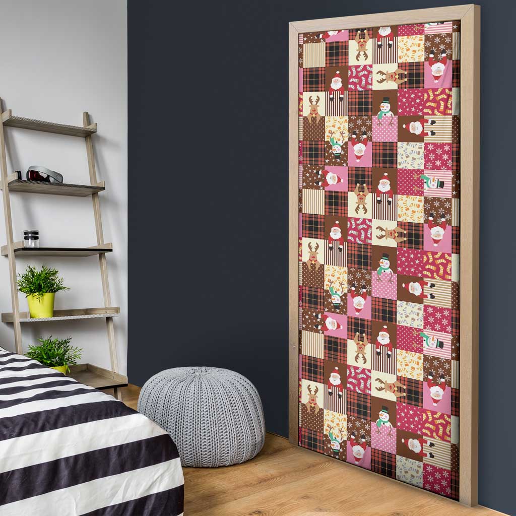 Christmas Patchwork Fake Tuxedo Door Cover Santa and Reindeer Pink Plaid Style - Wonder Print Shop