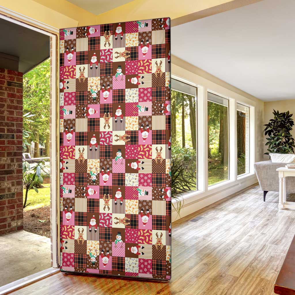 Christmas Patchwork Fake Tuxedo Door Cover Santa and Reindeer Pink Plaid Style - Wonder Print Shop