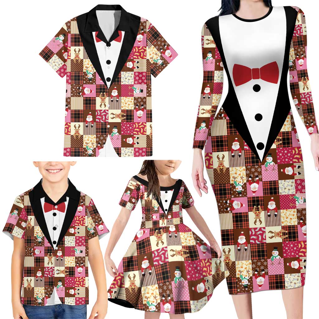 Christmas Patchwork Fake Tuxedo Family Matching Long Sleeve Bodycon Dress and Hawaiian Shirt Santa and Reindeer Pink Plaid Style - Wonder Print Shop