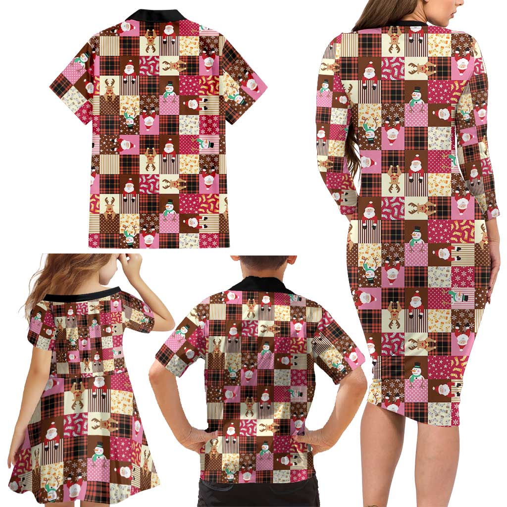 Christmas Patchwork Fake Tuxedo Family Matching Long Sleeve Bodycon Dress and Hawaiian Shirt Santa and Reindeer Pink Plaid Style - Wonder Print Shop