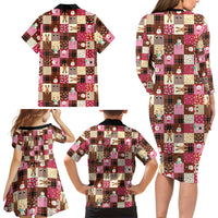 Christmas Patchwork Fake Tuxedo Family Matching Long Sleeve Bodycon Dress and Hawaiian Shirt Santa and Reindeer Pink Plaid Style - Wonder Print Shop