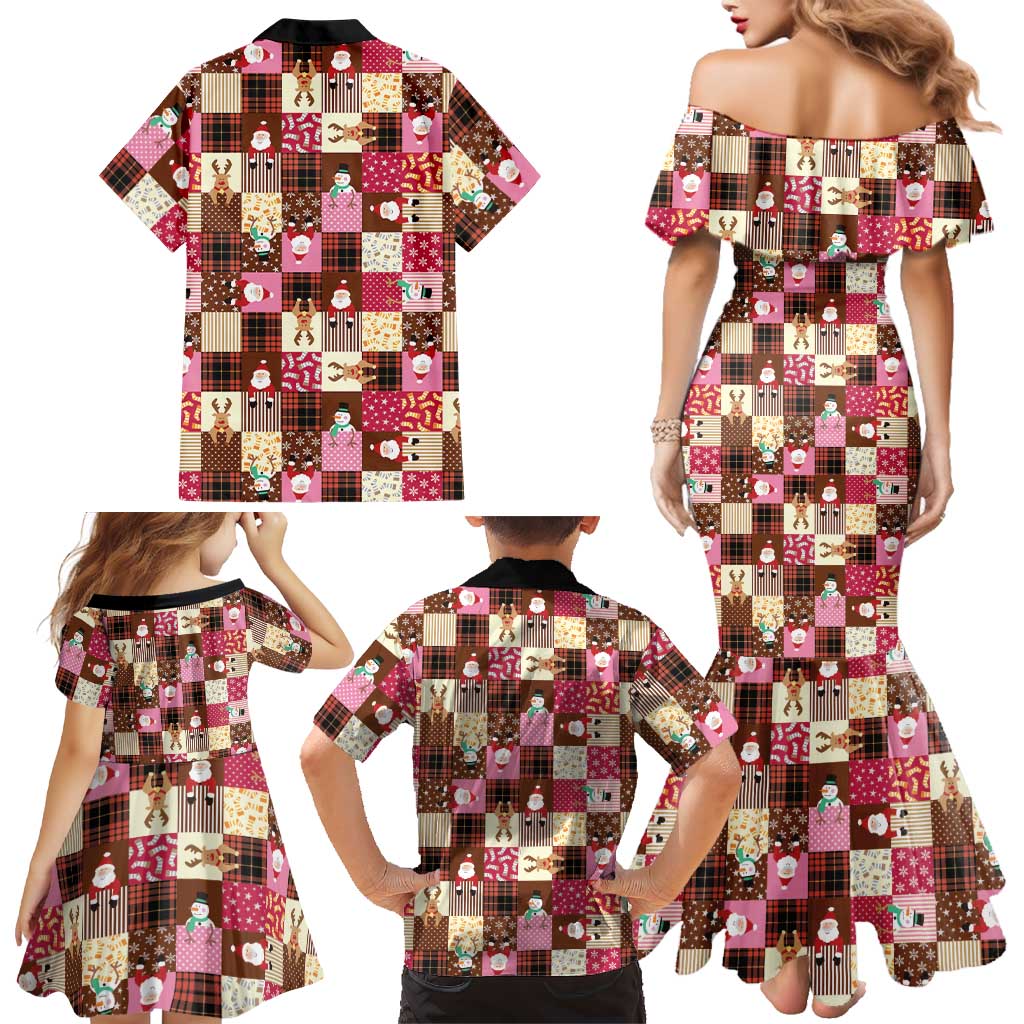 Christmas Patchwork Fake Tuxedo Family Matching Mermaid Dress and Hawaiian Shirt Santa and Reindeer Pink Plaid Style - Wonder Print Shop