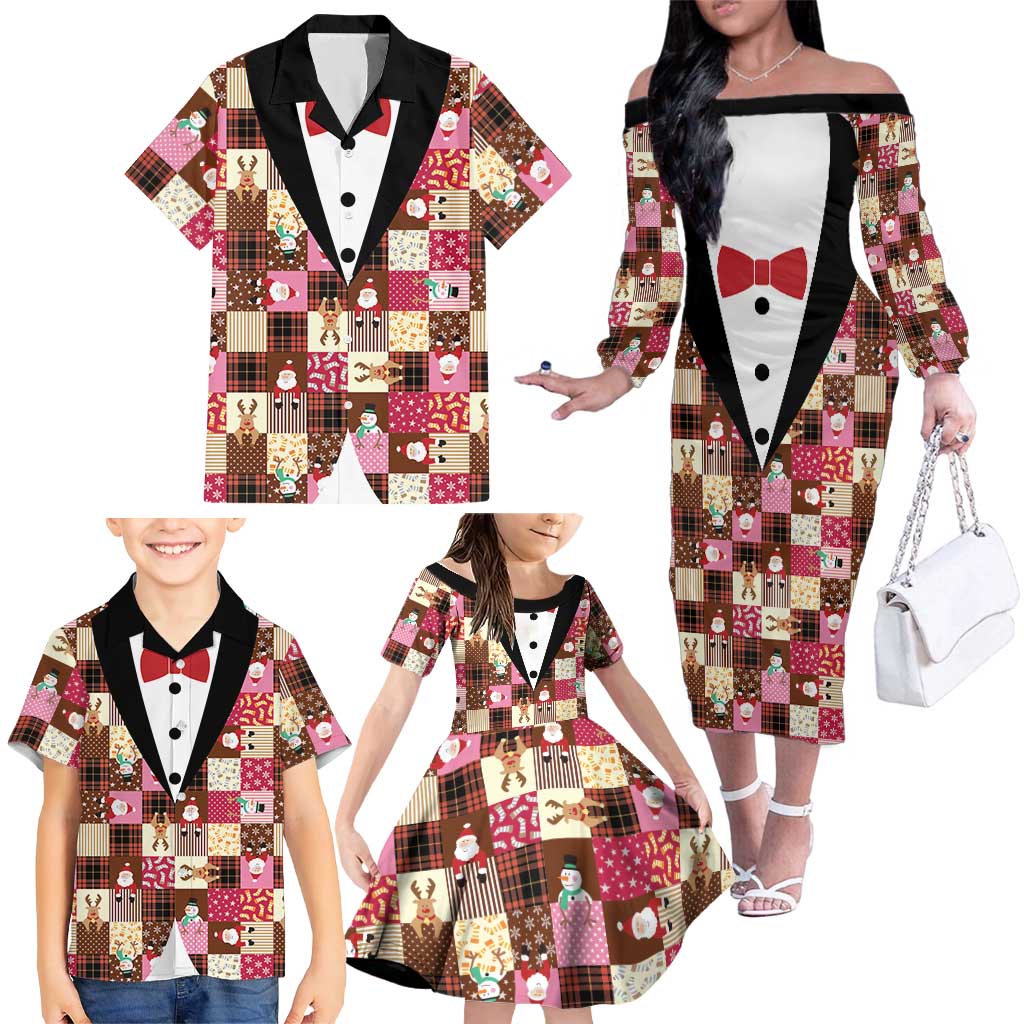 Christmas Patchwork Fake Tuxedo Family Matching Off The Shoulder Long Sleeve Dress and Hawaiian Shirt Santa and Reindeer Pink Plaid Style - Wonder Print Shop