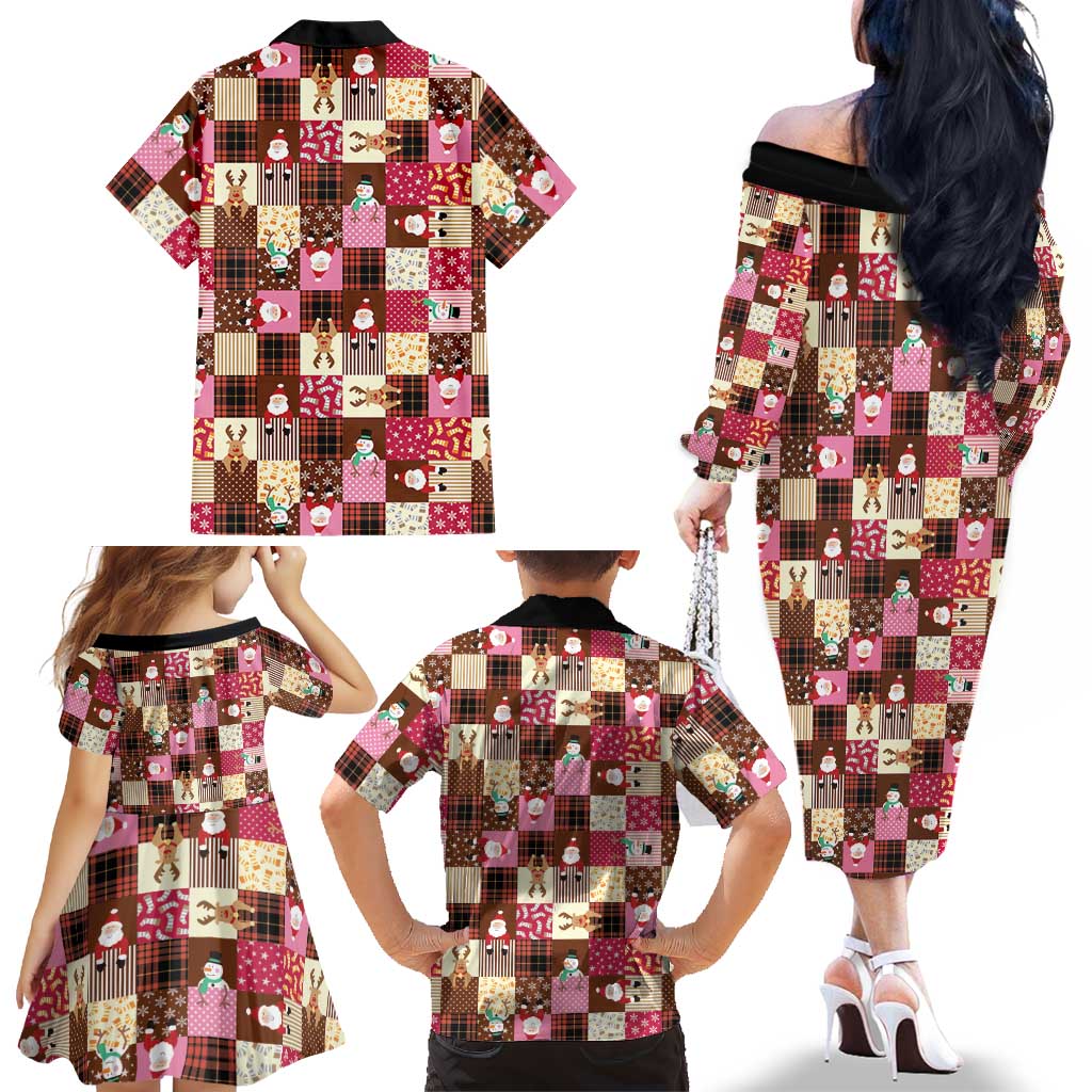 Christmas Patchwork Fake Tuxedo Family Matching Off The Shoulder Long Sleeve Dress and Hawaiian Shirt Santa and Reindeer Pink Plaid Style - Wonder Print Shop