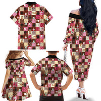 Christmas Patchwork Fake Tuxedo Family Matching Off The Shoulder Long Sleeve Dress and Hawaiian Shirt Santa and Reindeer Pink Plaid Style - Wonder Print Shop
