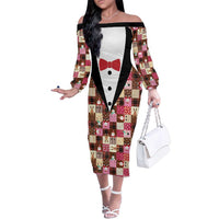 Christmas Patchwork Fake Tuxedo Family Matching Off The Shoulder Long Sleeve Dress and Hawaiian Shirt Santa and Reindeer Pink Plaid Style - Wonder Print Shop
