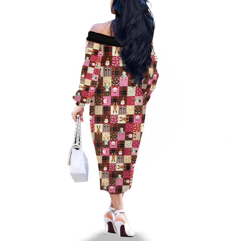 Christmas Patchwork Fake Tuxedo Family Matching Off The Shoulder Long Sleeve Dress and Hawaiian Shirt Santa and Reindeer Pink Plaid Style - Wonder Print Shop