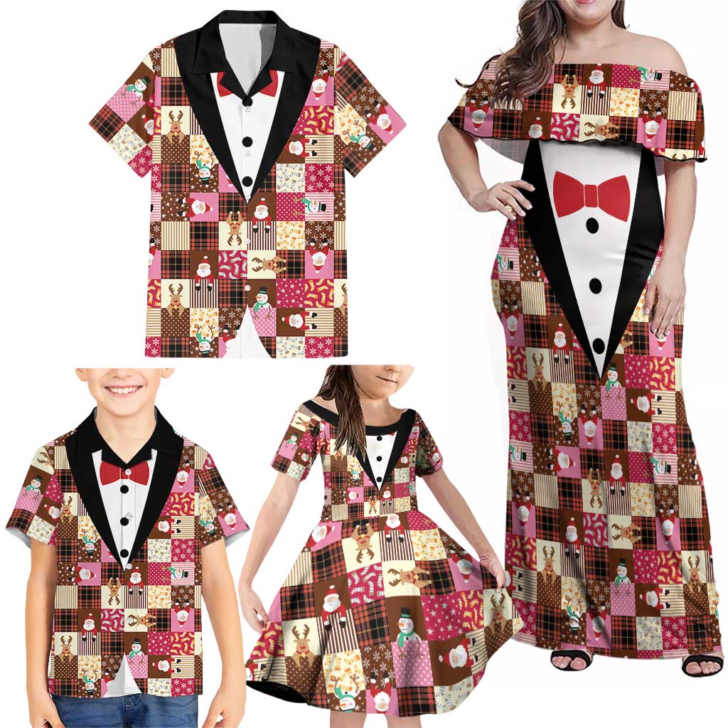 Christmas Patchwork Fake Tuxedo Family Matching Off Shoulder Maxi Dress and Hawaiian Shirt Santa and Reindeer Pink Plaid Style - Wonder Print Shop