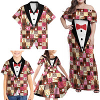 Christmas Patchwork Fake Tuxedo Family Matching Off Shoulder Maxi Dress and Hawaiian Shirt Santa and Reindeer Pink Plaid Style - Wonder Print Shop
