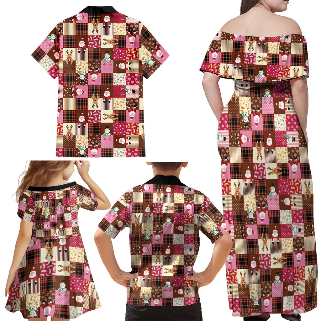 Christmas Patchwork Fake Tuxedo Family Matching Off Shoulder Maxi Dress and Hawaiian Shirt Santa and Reindeer Pink Plaid Style - Wonder Print Shop