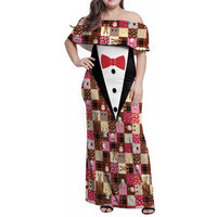 Christmas Patchwork Fake Tuxedo Family Matching Off Shoulder Maxi Dress and Hawaiian Shirt Santa and Reindeer Pink Plaid Style - Wonder Print Shop