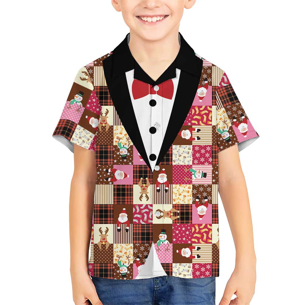 Christmas Patchwork Fake Tuxedo Family Matching Off Shoulder Short Dress and Hawaiian Shirt Santa and Reindeer Pink Plaid Style - Wonder Print Shop