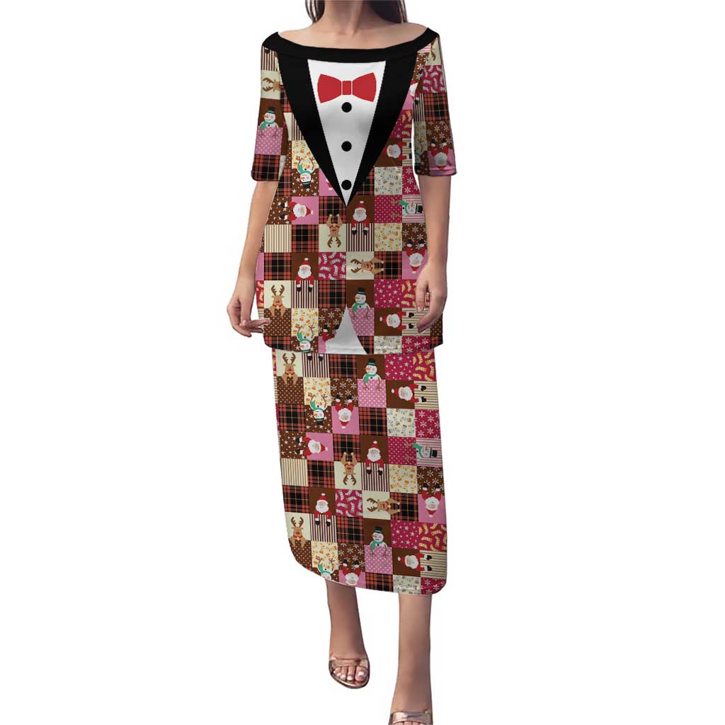 Christmas Patchwork Fake Tuxedo Family Matching Puletasi and Hawaiian Shirt Santa and Reindeer Pink Plaid Style - Wonder Print Shop