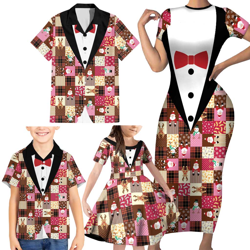 Christmas Patchwork Fake Tuxedo Family Matching Short Sleeve Bodycon Dress and Hawaiian Shirt Santa and Reindeer Pink Plaid Style - Wonder Print Shop
