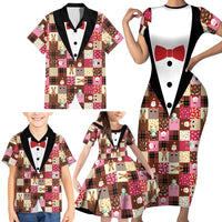 Christmas Patchwork Fake Tuxedo Family Matching Short Sleeve Bodycon Dress and Hawaiian Shirt Santa and Reindeer Pink Plaid Style - Wonder Print Shop