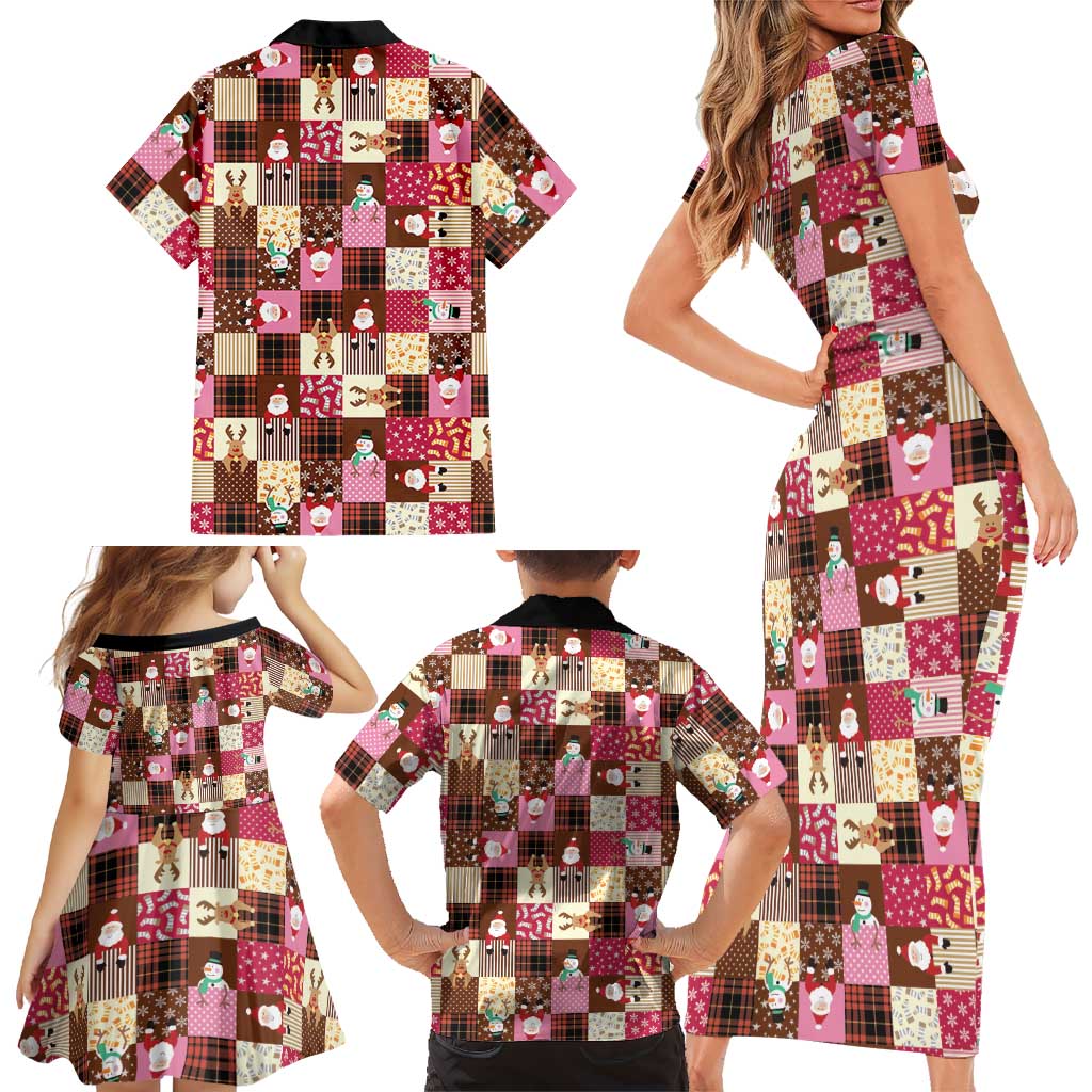 Christmas Patchwork Fake Tuxedo Family Matching Short Sleeve Bodycon Dress and Hawaiian Shirt Santa and Reindeer Pink Plaid Style - Wonder Print Shop